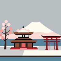 Japanese architecture with a tori gate and a mountain in the background vector