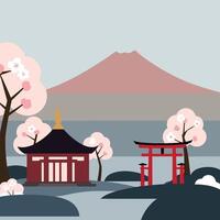 Japanese landscape with a torii gate and a pagoda vector