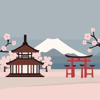 Japanese landscape with a tori gate and a mountain vector