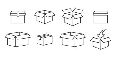 Box icon set in line style. Icon set of package shipping box delivery parcel. export boxes, cargo box, gift box, open package, vector