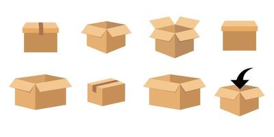 Set of different brown cardboard packaging boxes. different angles and sizes. Shipping carton open and closed box with breakable signs. Collection of cardboard box mockup. vector