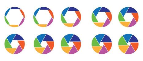 Camera lens diaphragm collection. Aperture icon symbol set in colors. Camera lens diaphragm row with aperture value numbers. Shutter camera aperture lens icon set. vector