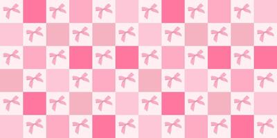 Y2k checkered pattern with pink bows. Trendy hair braiding ribbon. Gingham background with braiding accessories. Cozy chessboard pattern. Wallpaper for print templates or textiles. vector
