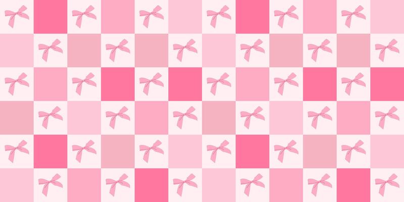 Y2k checkered pattern with pink bows. Trendy hair braiding ribbon. Gingham background with braiding accessories. Cozy chessboard pattern. Wallpaper for print templates or textiles.