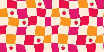 Summer pink and yellow checkerboard pattern with cute strawberries in vintage y2k style. Sweet strawberries on red gingham background. For fest invitations, fabric, textiles, and wrapping paper. vector