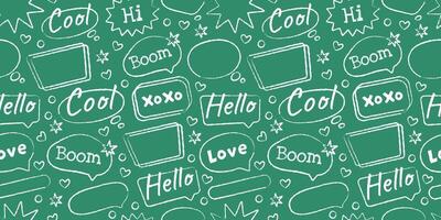 Chalk graphic frames, rectangles, oval, and round shapes. Seamless pattern. School blackboard. Chalk forms on green school board. Rough chalk, scribble crayon. vector