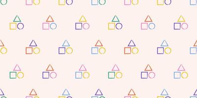 Rainbow geometric shapes on a beige background. Hand-drawn squares, triangles, and circles. Seamless pattern in grunge style. Chaotic pastel strokes. Retro background in gender-neutral colors. vector