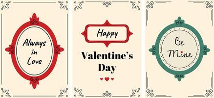 A set of creative cards for Valentine's Day with patterns, hearts, dots, and frames. A set of postcards with romantic quotes. Greeting Cards. February 14, vintage style vector