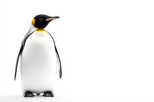 A charming penguin standing upright in a snowy winter landscape against a simple white background photo