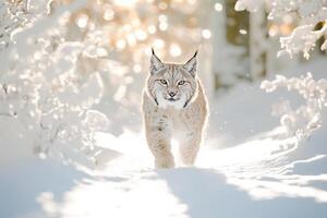 Lynx stealthily moves through a snow-covered forest with sunlight filtering through trees photo