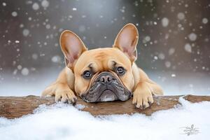 A French Bulldog resting on a snow-covered log during a serene winter evening with falling snowflakes photo
