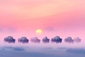 A herd of bison stands on a frosty plain as cool mist rises in the morning light during sunrise photo