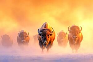 A herd of bison walks through a frosty plain with mist rising around them in soft morning light photo