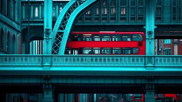 Vibrant urban life featuring a red double-decker bus crossing a famous bridge in a busy city landscape photo