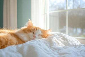 Comfortable Maine cat nestled in warm blanket enjoying sunlight by the window in a serene setting photo