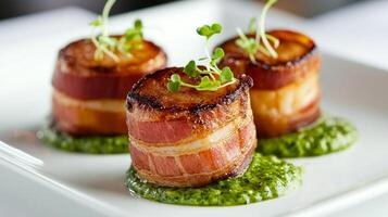 Elegant presentation of bacon-wrapped scallops garnished with microgreens and pesto in a modern restaurant setting photo