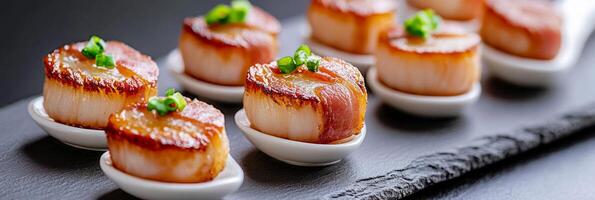 Bacon-wrapped scallops served as elegant appetizers on porcelain spoons arranged on a slate board photo