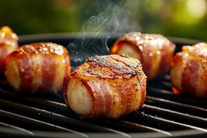 Bacon-wrapped scallops sizzle on the grill, creating a golden brown crust in a warm outdoor setting photo