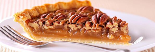 Delicious slice of pecan pie served with a fork on a neutral-toned background highlighting its rich textures photo