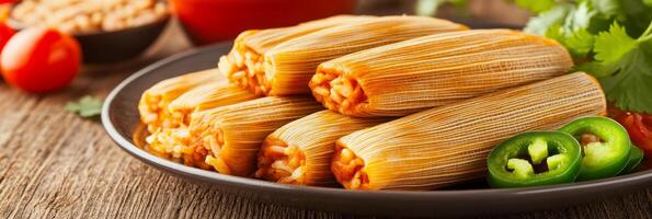 Festive plate of tamales with rice, beans, and jalapenos for a vibrant Mexican dinner setting photo