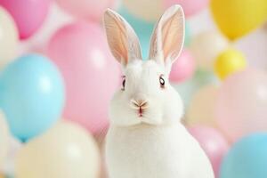 A curious white rabbit gazes at the camera surrounded by colorful balloons in evening light photo