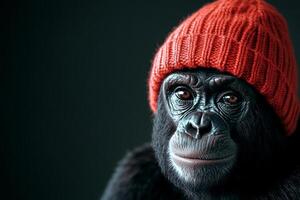 A wild gorilla in a bright knitted cap exudes charm against a dark background with soft lighting photo