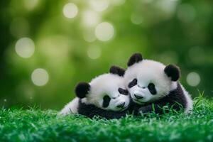 Adorable baby pandas cuddling on soft green grass in a peaceful natural setting with warm daylight photo