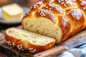 Freshly sliced challah bread revealing soft texture with butter on dark wooden table photo