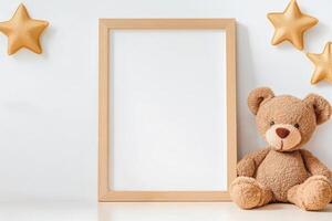 Minimalist poster frame with a teddy bear and decorative stars in a bright nursery setting photo