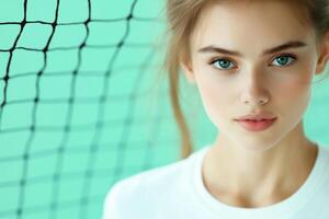Tennis player prepares to return serve on green court with net in soft focus photo