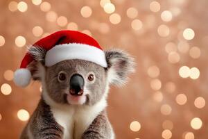 A joyful koala in a Christmas hat creates a festive mood with soft bokeh lights in a cozy holiday setting photo
