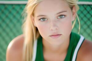 Tennis player poised for return on green court with focused gaze and graceful stance photo