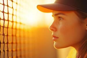 A tennis player reflects thoughtfully on her racket while the sun sets softly in the background on the court photo