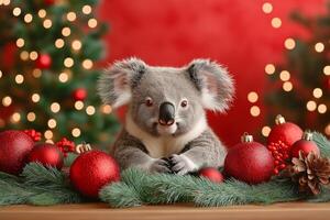 A little koala relaxes in a festive setting with vibrant Christmas decorations and soft bokeh lights photo