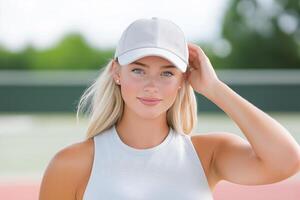Tennis player in a cap adjusts her look with a smile on the court during a sunny day photo