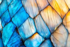 Vivid macro view of polished blue labradorite showcasing stunning prismatic colors and textured surface details photo