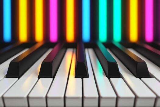 Abstract blend of black and white piano keys with colorful light streaks and soft shadows creating a vibrant pattern photo