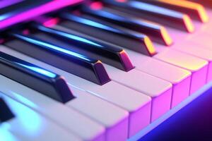 An abstract arrangement of scattered piano keys with colorful light streaks and soft shadows creating dynamic patterns photo