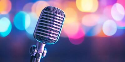 Vintage microphone in neon reflections with smoky ambiance and soundwave patterns creating a retro musical atmosphere photo