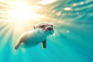 A playful otter swims gracefully under clear water with sunlight shimmering above in a tranquil aquatic environment photo