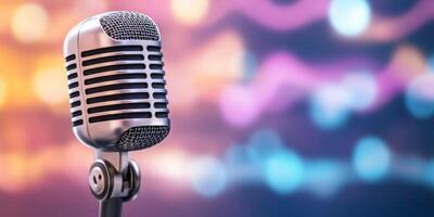 Retro microphone illuminated by neon lights with vibrant soundwave patterns in a smoky atmosphere photo