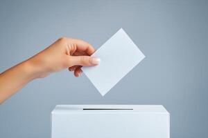 A hand gently placing a voting ballot into a clean white ballot box in a modern setting photo