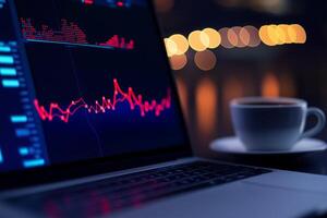 Close-up view of a laptop screen displaying data analytics with a coffee cup in a cozy evening setting photo