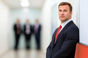 Confident professional standing in a modern office corridor while colleagues discuss in the background photo