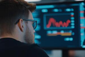 Young businessman analyzes performance metrics with charts and graphs in a modern office environment photo