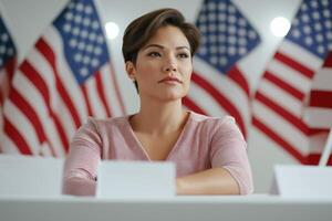 In a well-lit setting, a middle-aged Asian woman sits confidently at a conference table, surrounded by American flags photo