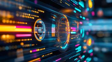 Futuristic digital dashboard showcasing benchmarking analytics with vibrant metrics and modern UI elements photo