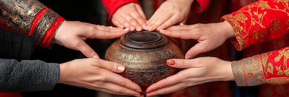 Hands from different generations connect over a traditional artifact showcasing cultural heritage and shared history photo