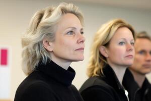Engaged mixed team members listening attentively during a collaborative meeting in a modern office photo