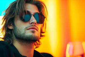 A stylish man with long hair and sunglasses looks contemplative in dark surroundings with vibrant colors photo